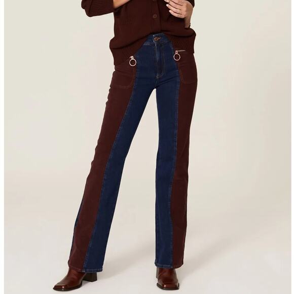 See by Chloe Denim Corduroy Bootcut Jeans 70s Flare Hem Colorblock Blue Brown 28 - Picture 1 of 15
